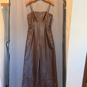 Stylish vegan leather brown romper wide leg